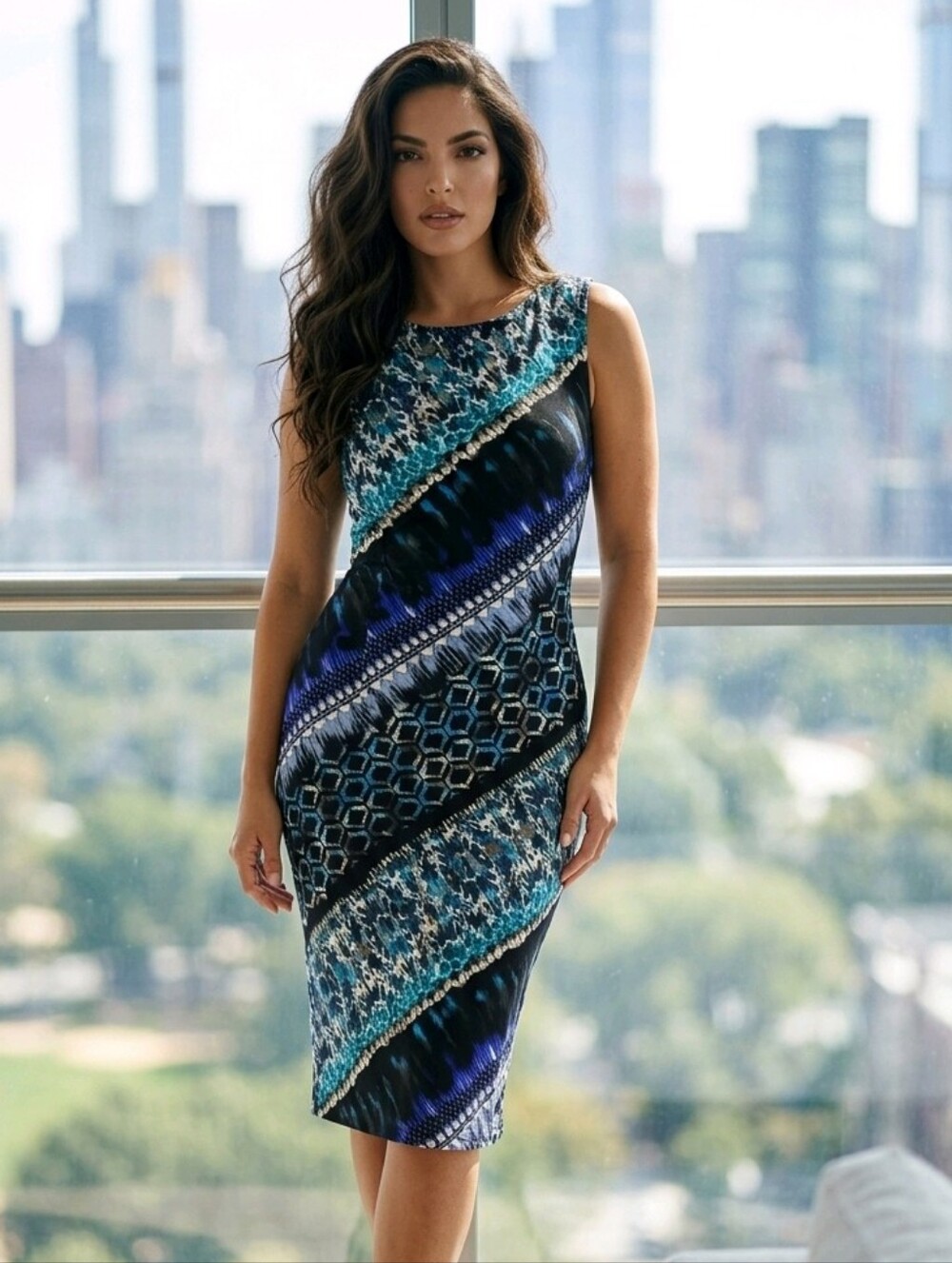 Connected Apparel Dress 6 Blue Abstract Geometric Print Stretch Sheath Career